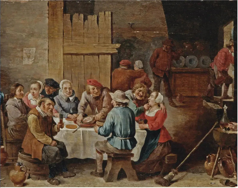 Paysans mangeant et buvant dans un intérieur - David Teniers le Jeune