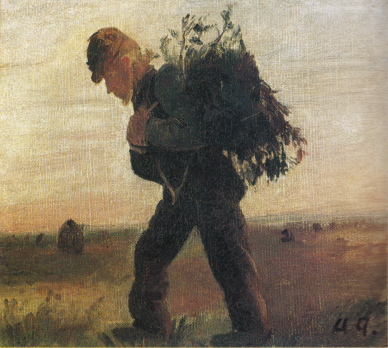 Per Bollerhus, son fagot de brindilles à la main, traversant la lande - Anna Ancher