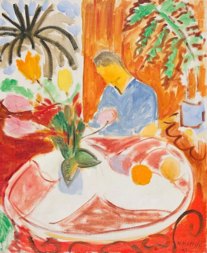 Petit Intérieur à la Table de Marbre Ronde, Palmiér et Personnage - Henri Matisse