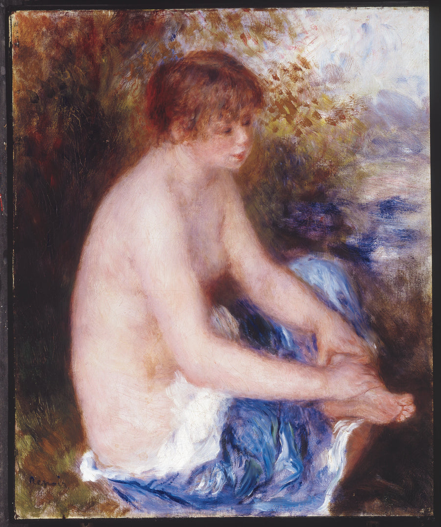 Petit nu bleu, femme assise tenant sa cheville sur une draperie bleue, peint par Pierre-Auguste Renoir vers 1878–1879
