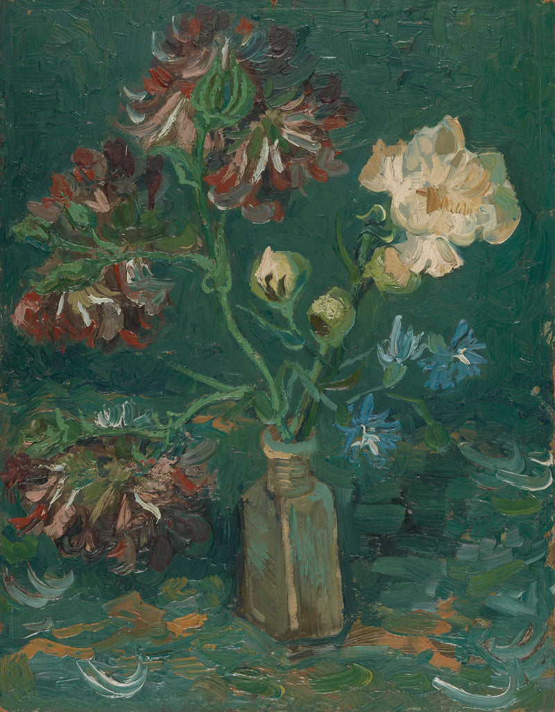 Petite bouteille avec pivoines et delphiniums bleus, F243a – Van Gogh