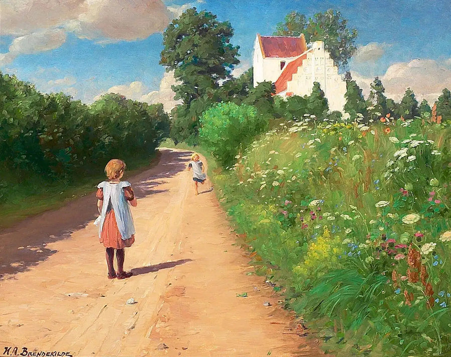 Petites filles jouant devant l'église de Brændekilde par une chaude journée d'été. - H. A. Brendekilde
