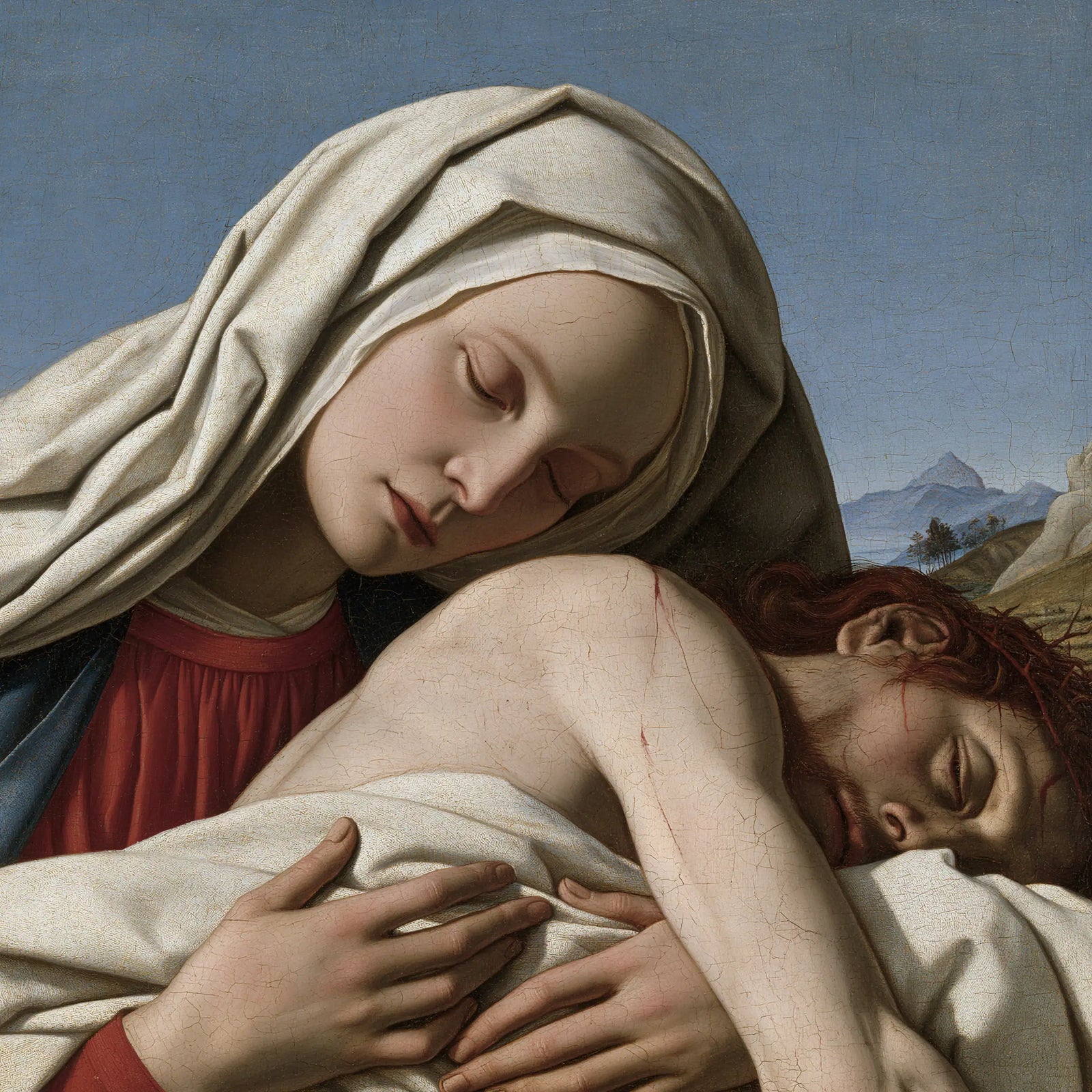 Pietà classique aux drapés blancs et rouges — Peinture à l’huile sur commande