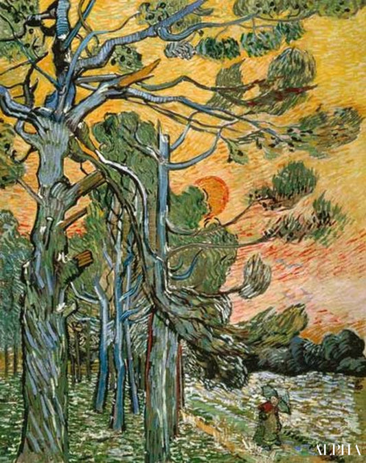 Pins sous le soleil couchant et le personnage féminin - Van Gogh - Reproductions de tableaux et peintures haut de gamme