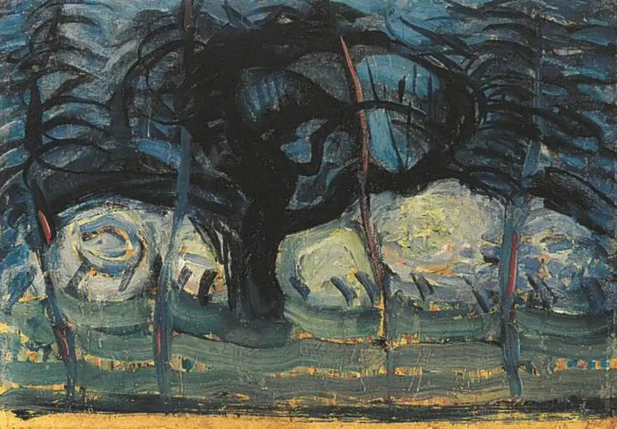 Pommier en bleu avec des lignes ondulées I - Piet Mondrian