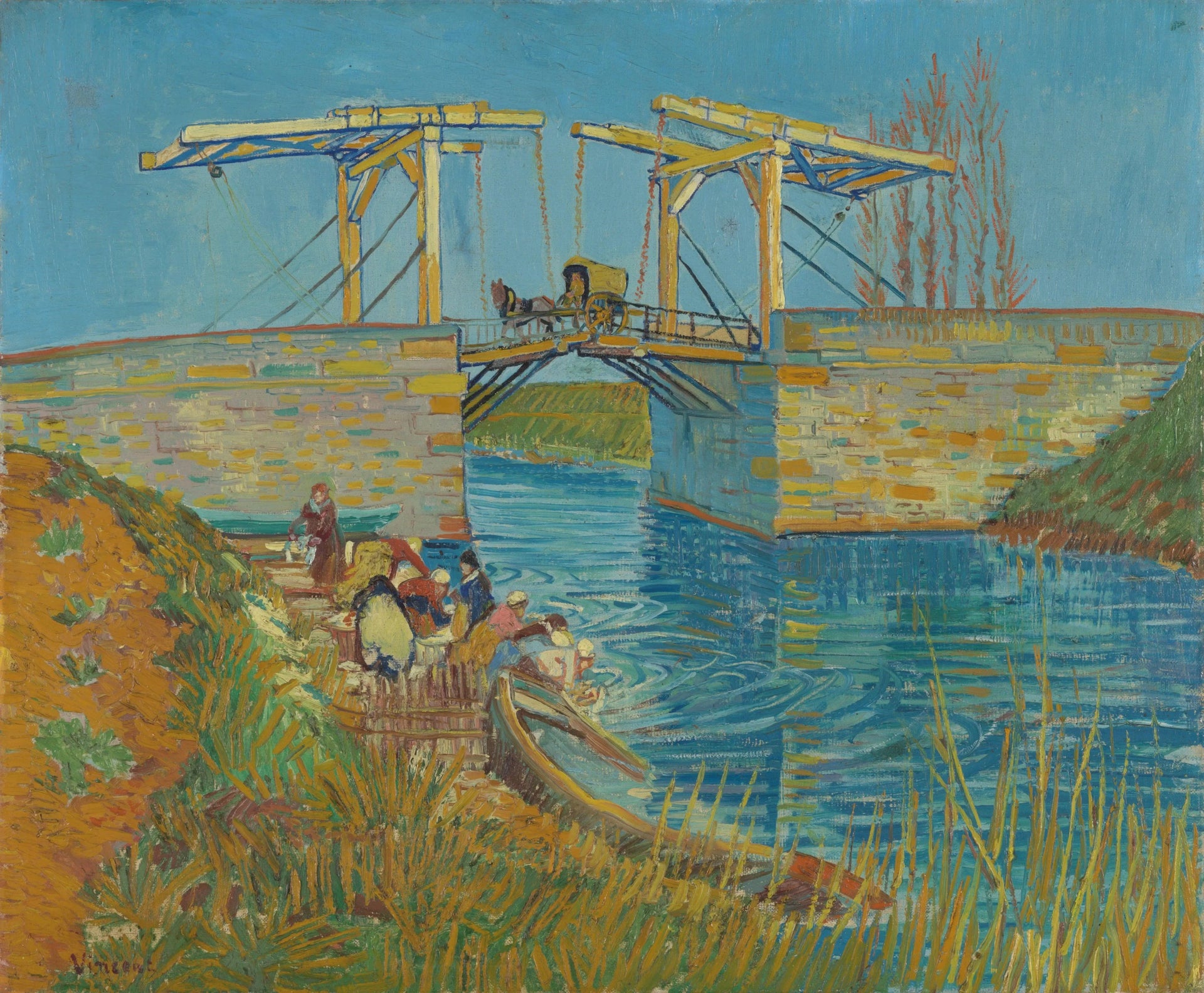 Pont de Langlois à Arles, F397 — pont-levis jaune, charrette et lavandières peints par Vincent van Gogh