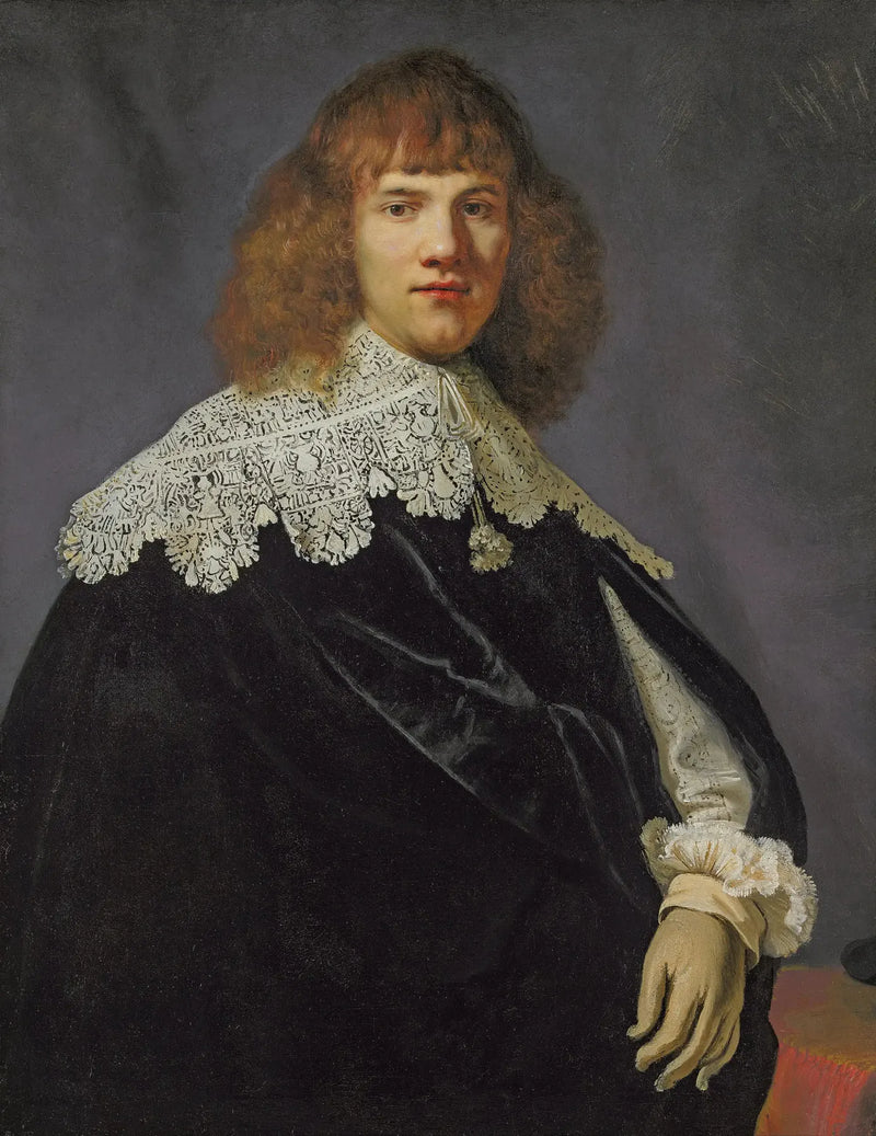 Portrait d'un gentleman, à mi-corps, vêtu d'un manteau de velours noir et d'un col et de poignets en dentelle blanche - Rembrandt