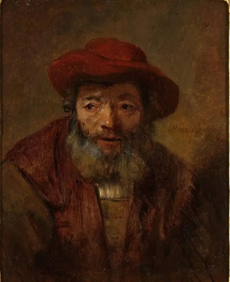 Portrait d'un vieil homme avec une barbe et un chapeau rouge - Rembrandt