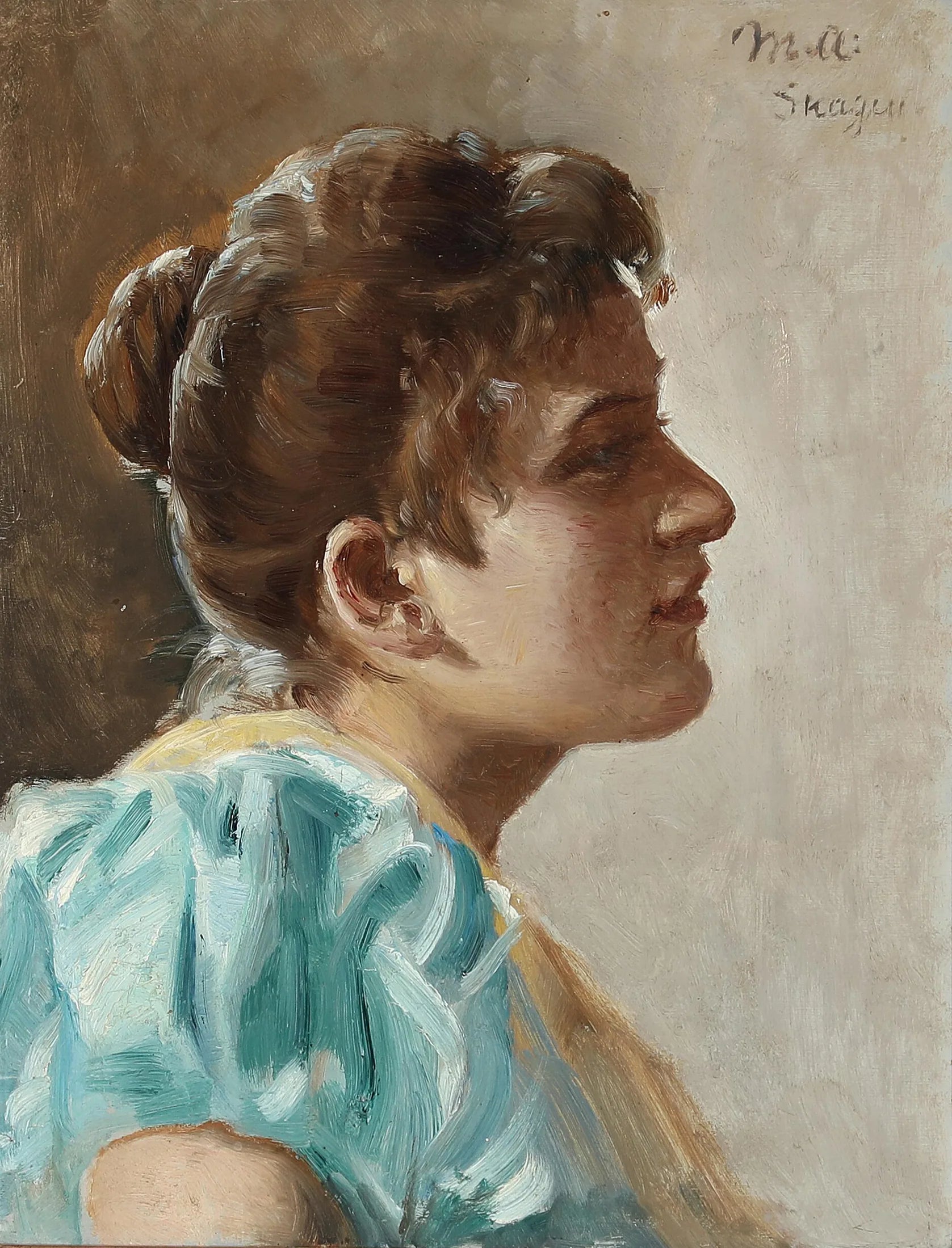 Portrait d'une jeune femme en robe jaune et turquoise. - Michael Peter Ancher image 1 reproduction réalisée par Alpha Reproduction