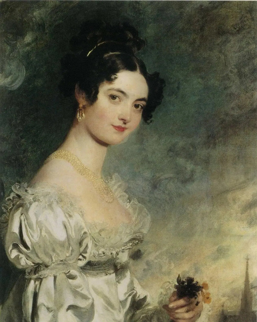 Portrait de Lady Selina Meade (1797–1872), à mi-corps, dans une robe en satin ivoire, avec la flèche de la cathédrale Saint-Étienne de Vienne, au-delà - Thomas Lawrence