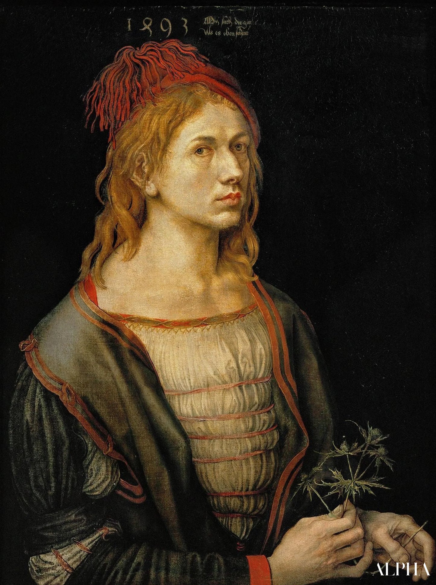 Reproduction du tableau « Portrait de l'artiste tenant un chardon - Albrecht Dürer » par Alpha Reproduction en peinture à l’huile