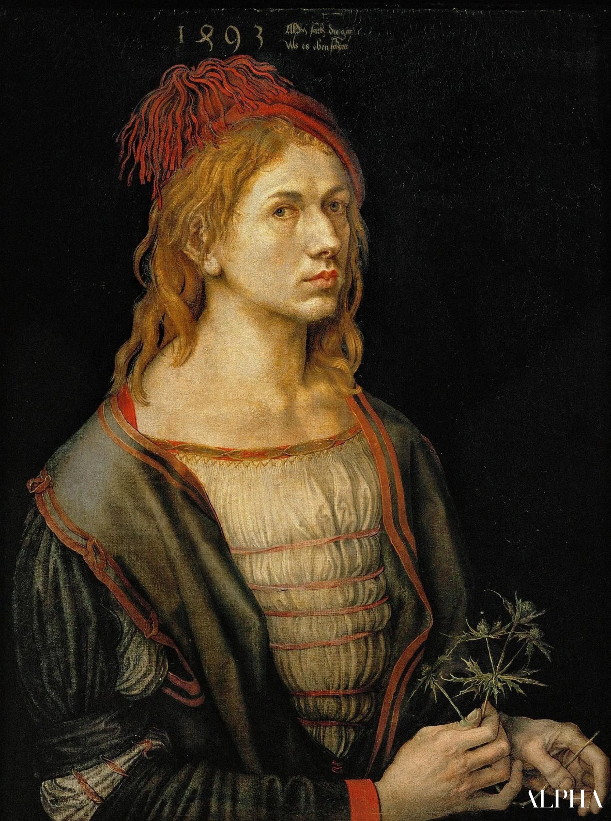 Reproduction du tableau « Portrait de l'artiste tenant un chardon - Albrecht Dürer » par Alpha Reproduction en peinture à l’huile