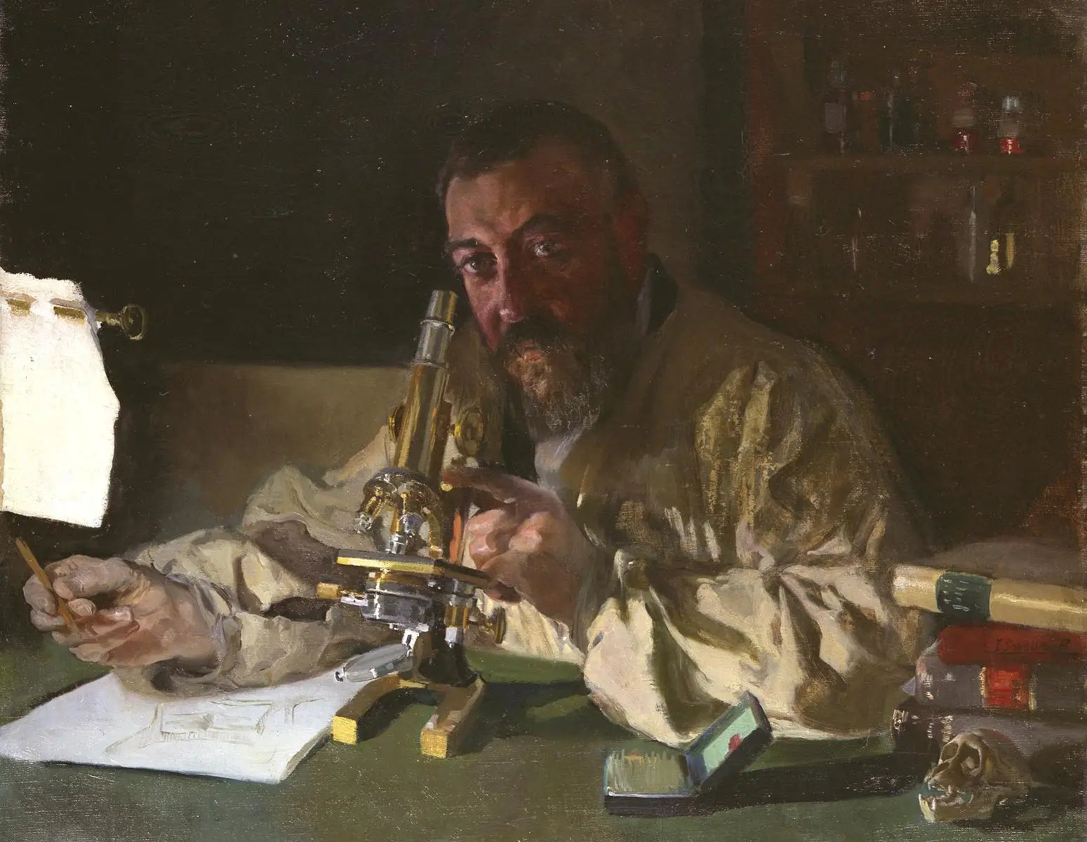 Portrait du Dr Simarro au microscope - Joaquín Sorolla image 1 reproduction de peinture à l’huile
