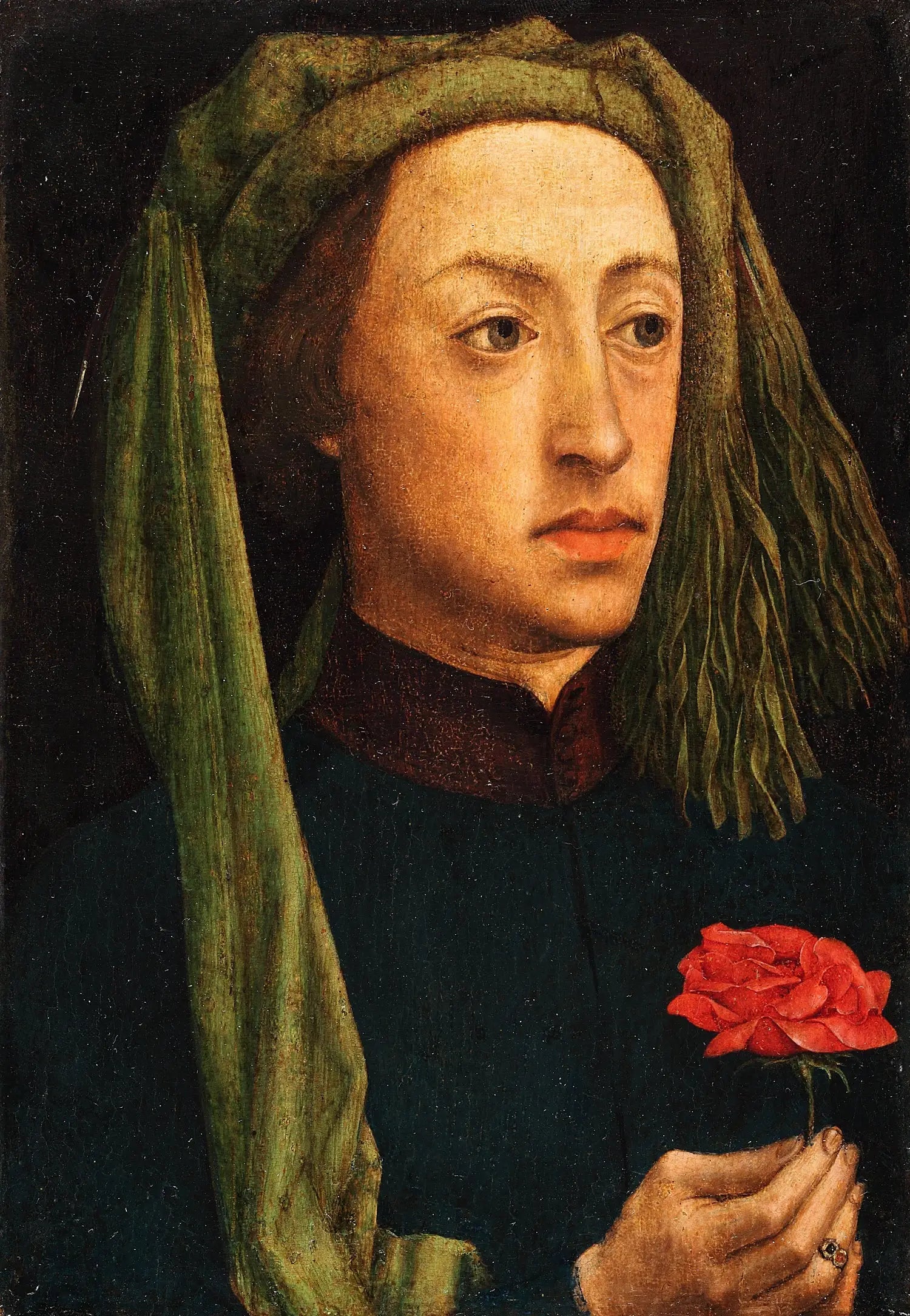 Portrait d’un jeune homme tenant une rose rouge - Jan van Eyck - Alpha Reproduction