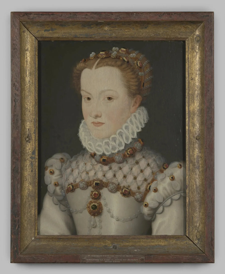 Portret "Elisabeth van Habsburg" op hout, door een navolger van Francois Clouet, na 1571 - François Clouet