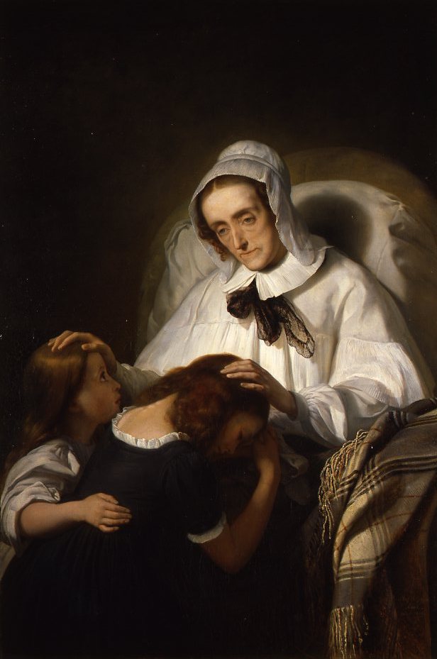 Portret van Cornelia Scheffer-Lamme die haar kleinkinderen zegent - Ary Scheffer