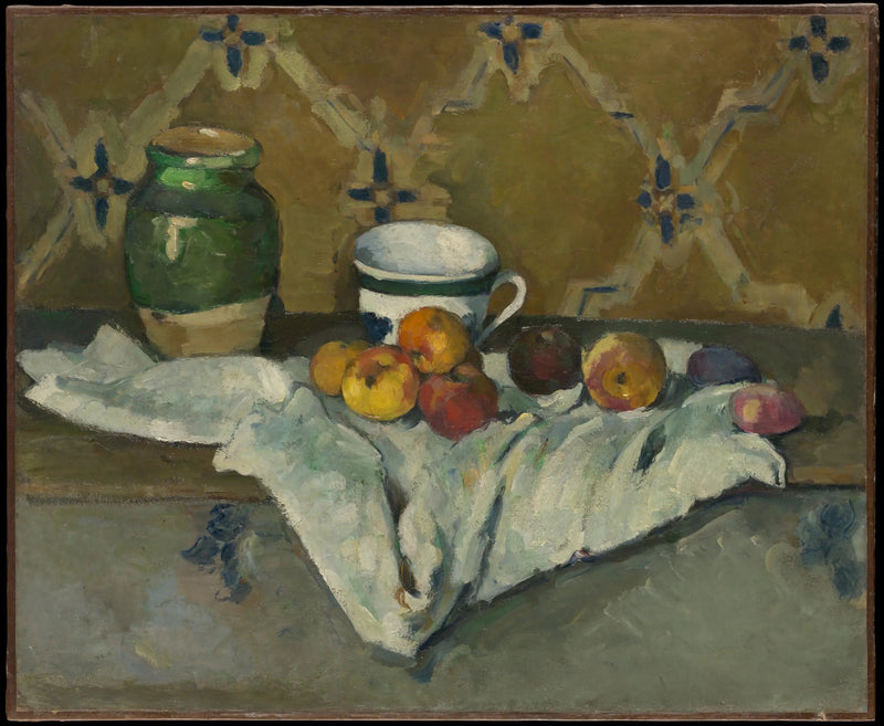 Poterie, tasse et fruits sur une nappe blanche - Paul Cézanne