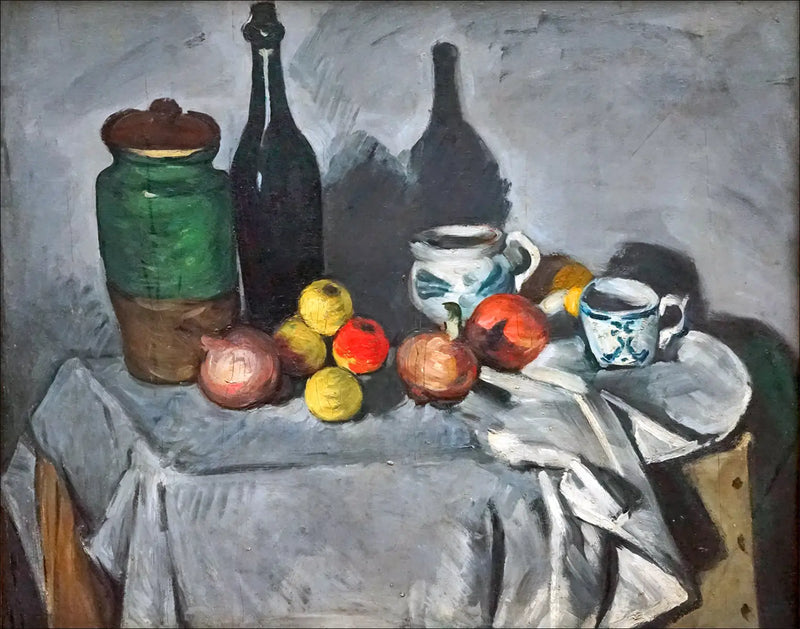 Pots, bouteille, tasse et fruits - Paul Cézanne
