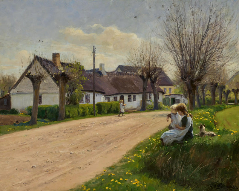 Printemps dans un village avec des filles au bord de la route. - H. A. Brendekilde