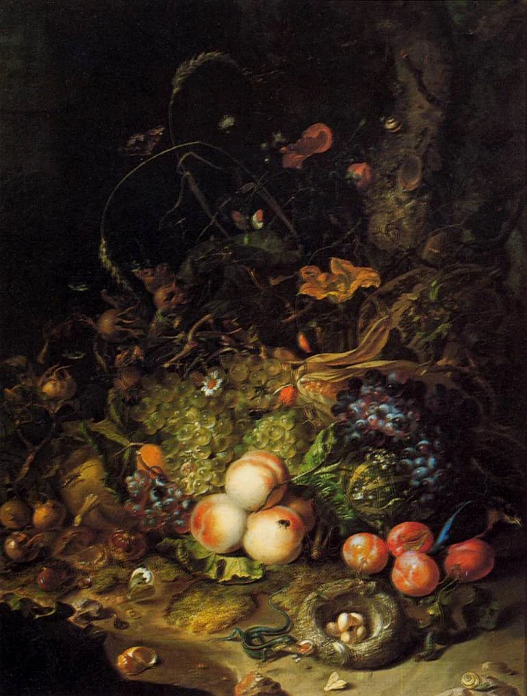 Fleurs, fruits et insectes — WGA 20554 - Rachel Ruysch