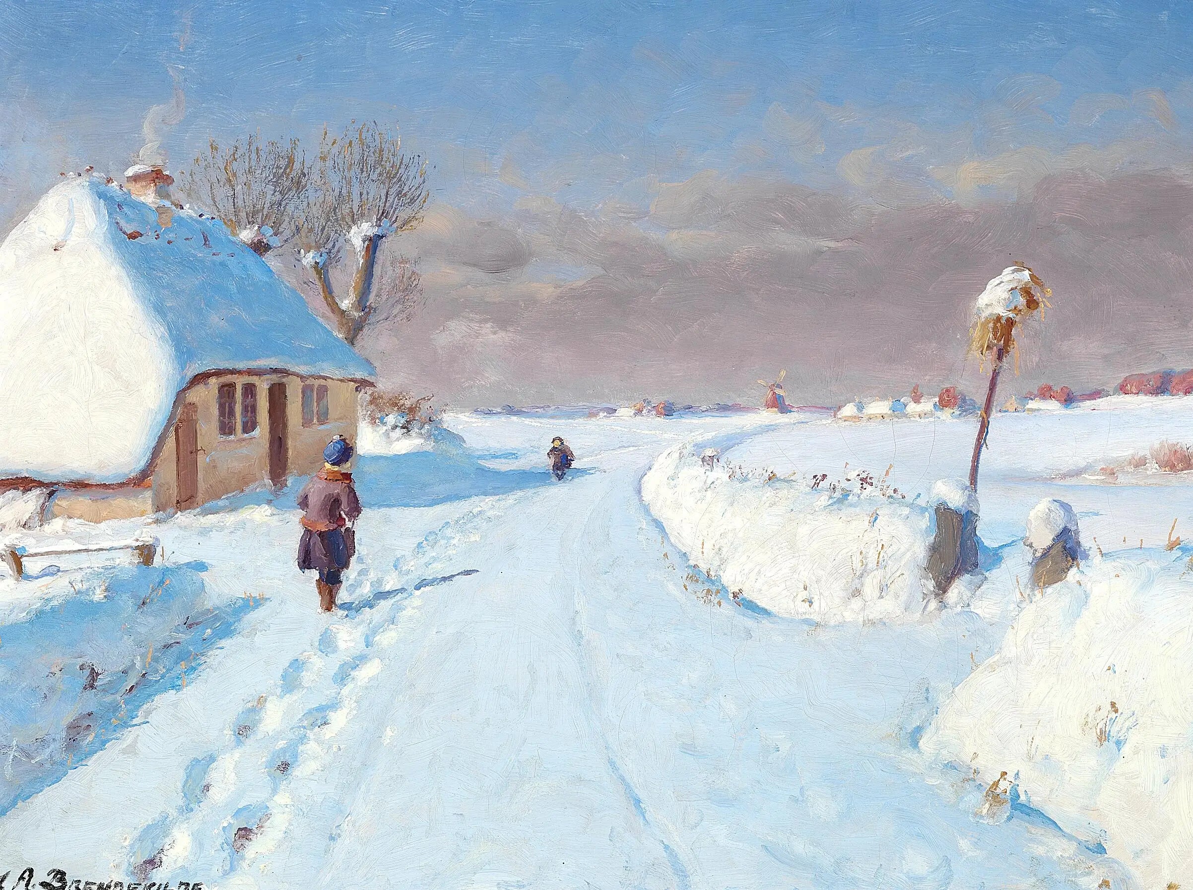 Route ensoleillée à la lisière d’un village hiver (32 x 42 cm). - H. A. Brendekilde - Alpha Reproduction