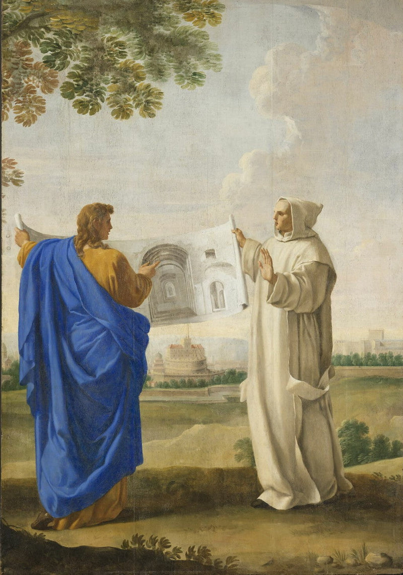 Saint Bruno examine un dessin des thermes de Dioclétin, emplacement de la future chartreuse de Rome - Eustache Le Sueur