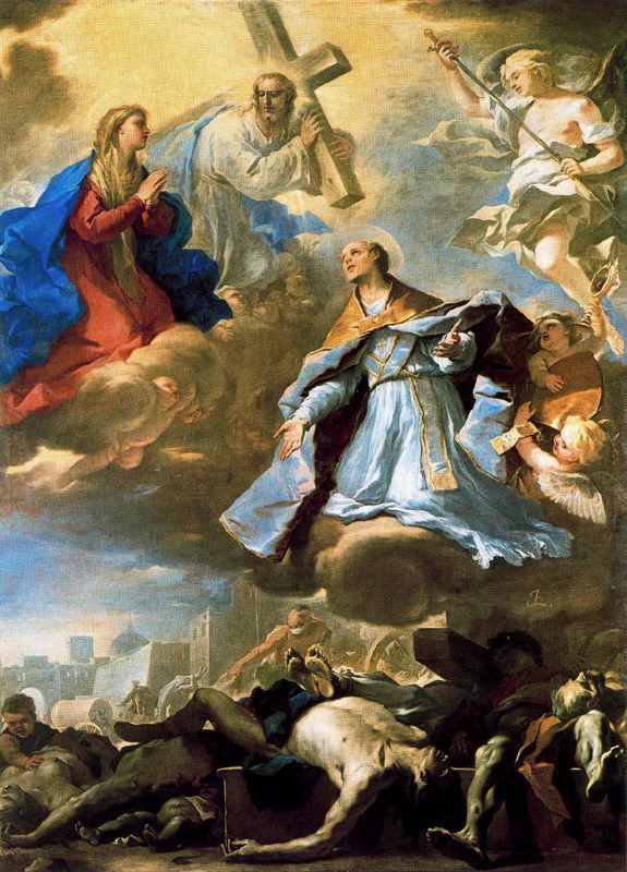 Saint Janvier intercède auprès de la Vierge, du Christ et du Père Éternel pour la peste. - Luca Giordano
