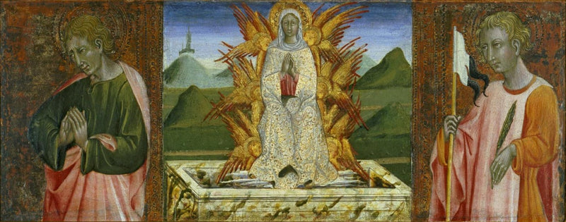 Saint Jean l'Évangéliste, l'Assomption de la Vierge et saint Ansanus - Giovanni di Paolo