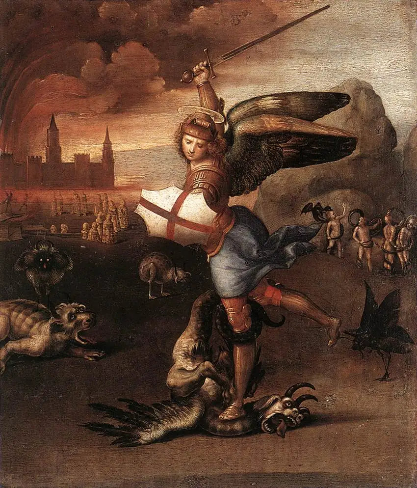 Reproduction du tableau « Saint Michel et le Dragon - Raphaël Sanzio » par Alpha Reproduction en peinture à l’huile
