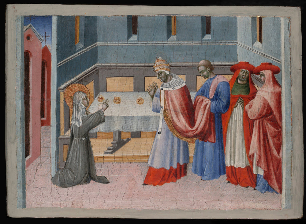 Sainte Claire d'Assise bénissant le pain devant le pape Innocent IV - Giovanni di Paolo image 1 reproduction de peinture à l’huile