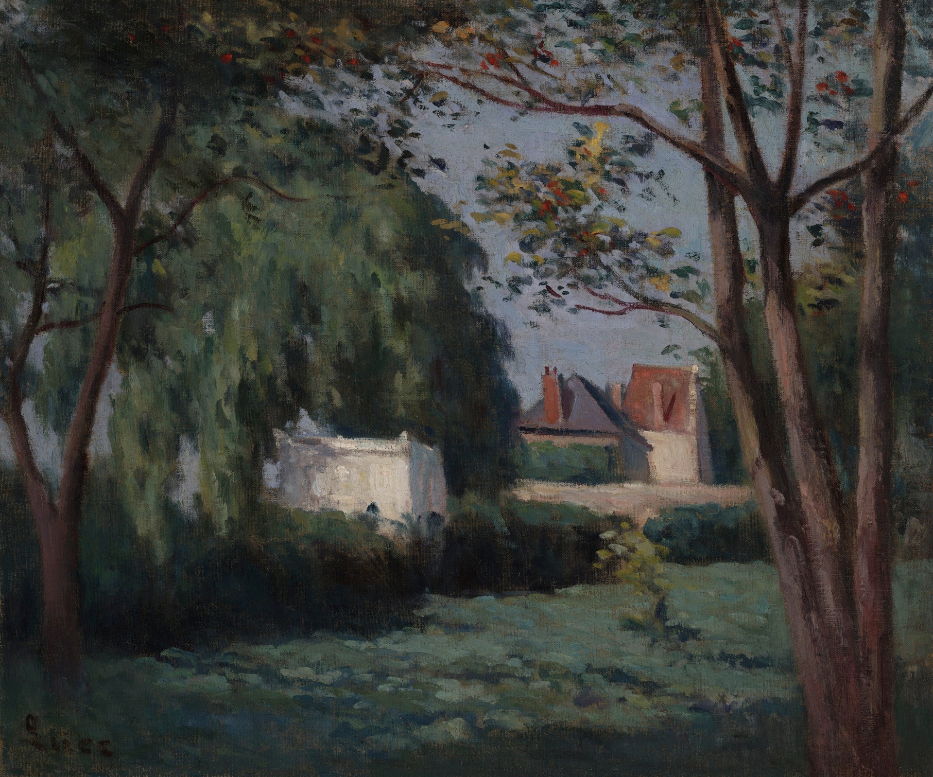 Scène champêtre avec trois maisons et un arbre - Maximilien Luce