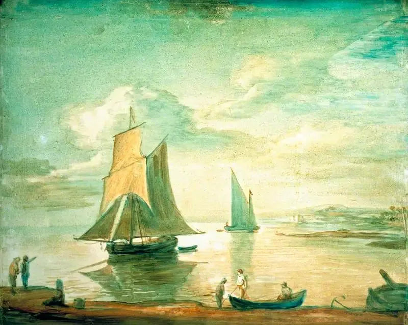 Scène côtière avec des bateaux à voile et à rames et des personnages sur le rivage - Thomas Gainsborough