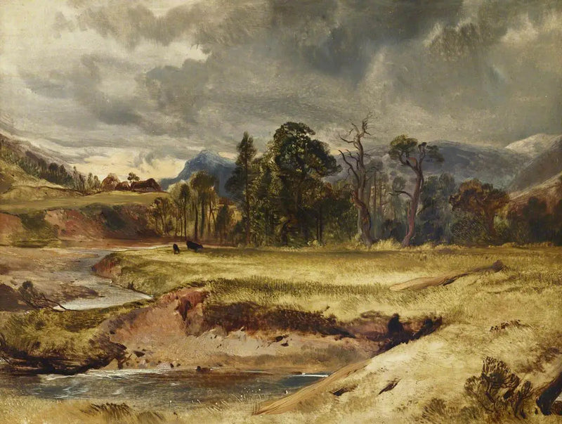Scène de rivière écossaise avec du bétail dans un pré - Edwin Henry Landseer