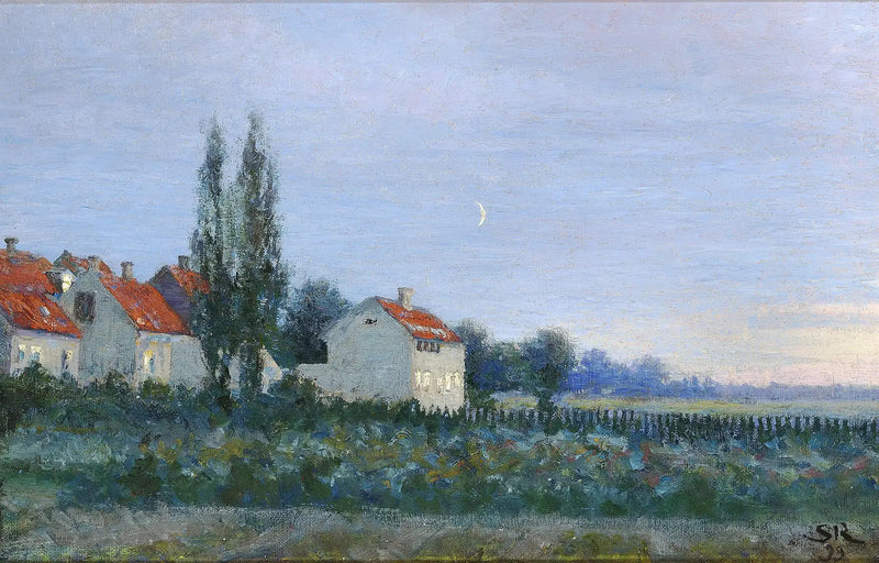 Scène du soir avec maisons et peupliers. - Peder Severin Krøyer