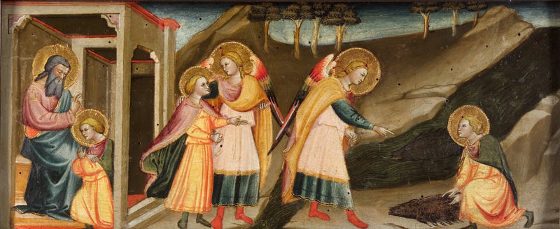 Scènes de Tobias (Tobias fait ses adieux à son père ; Les pérégrinations de Tobias et de l'archange Raphaël ; Tobias prenant le cœur, le levier et la fiel du poisson) - Bicci di Lorenzo