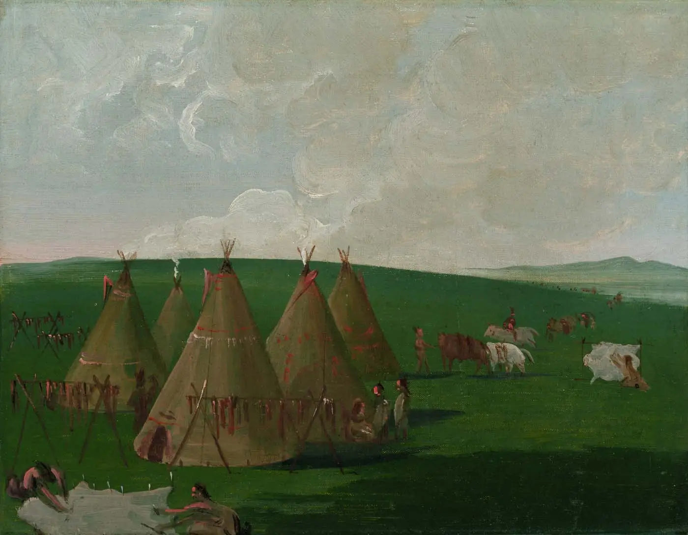 Sioux campant sur le Haut-Missouri préparant de la viande de bison et des robes - George Catlin - Alpha Reproduction