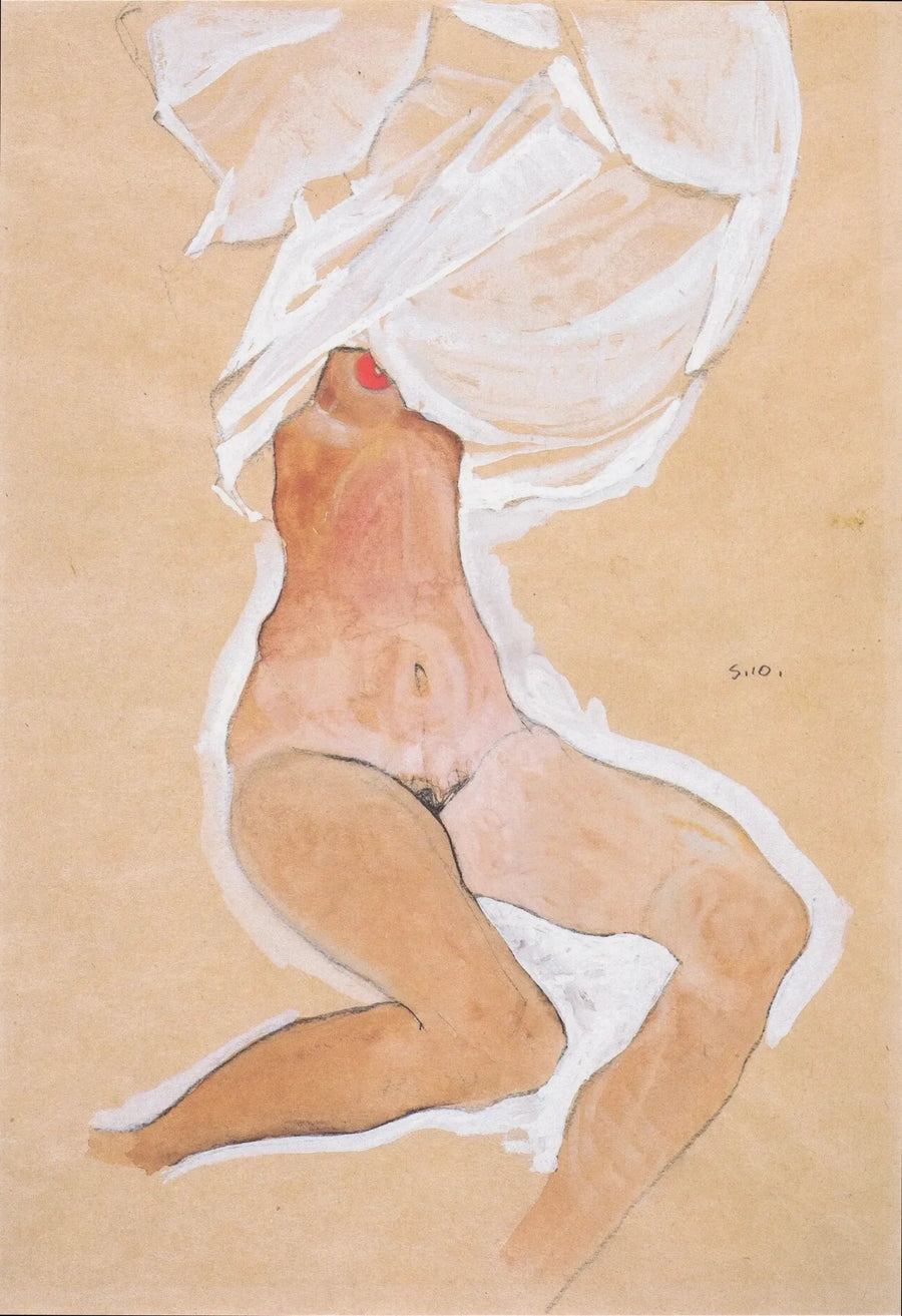 Sitzender Mädchenakt mit Hemd über dem Kopf - Egon Schiele