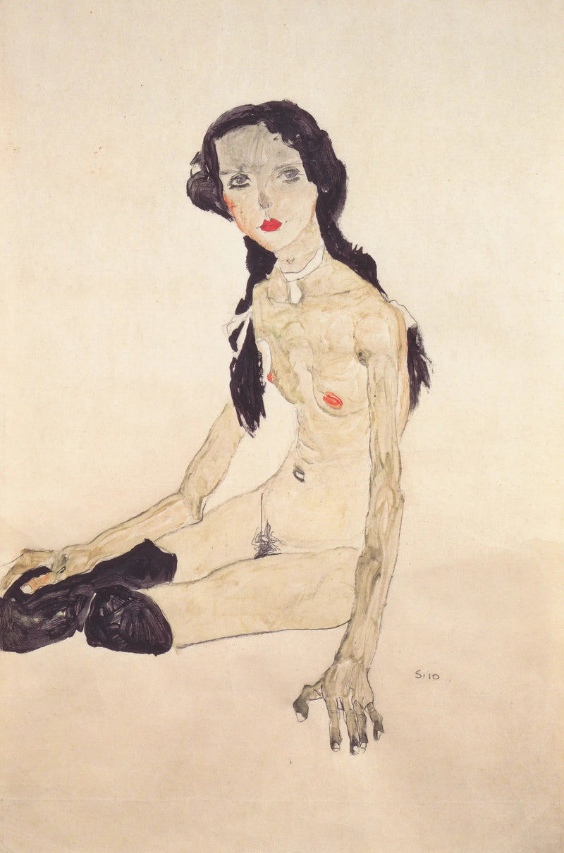 Sitzendes Mädchen mit Pferdeschwanz - Egon Schiele