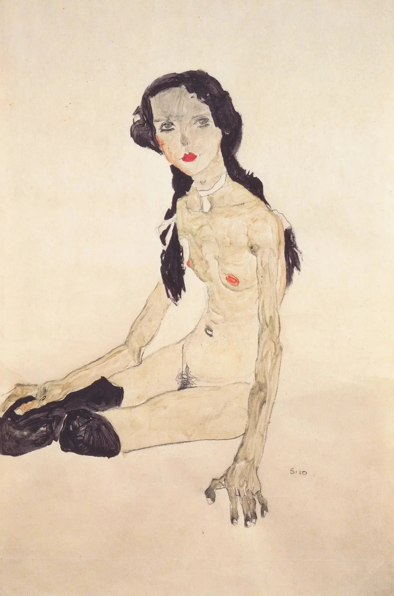 Sitzendes Mädchen mit Pferdeschwanz - Egon Schiele