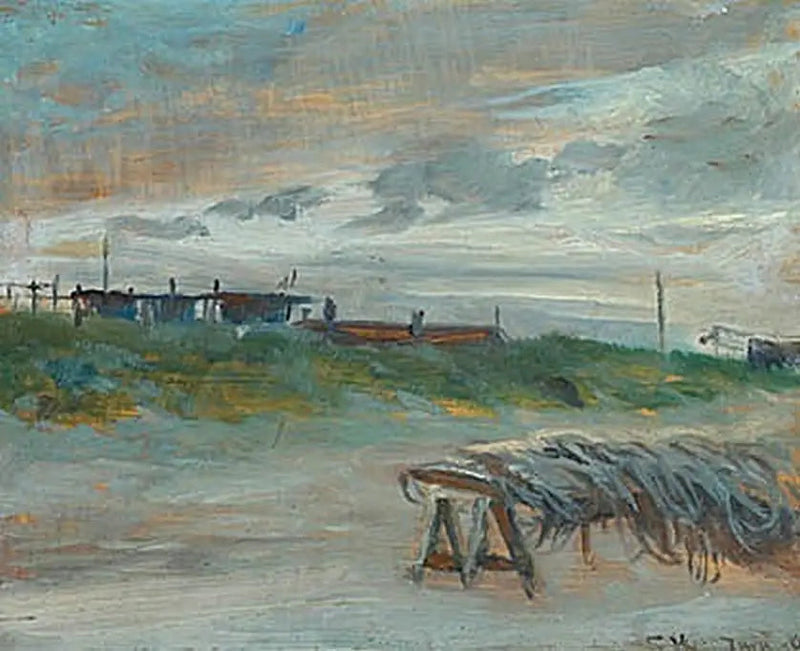 Skagen Sønderstrand par une soirée de juin, par temps nuageux. Filets de pêche devant. - Peder Severin Krøyer