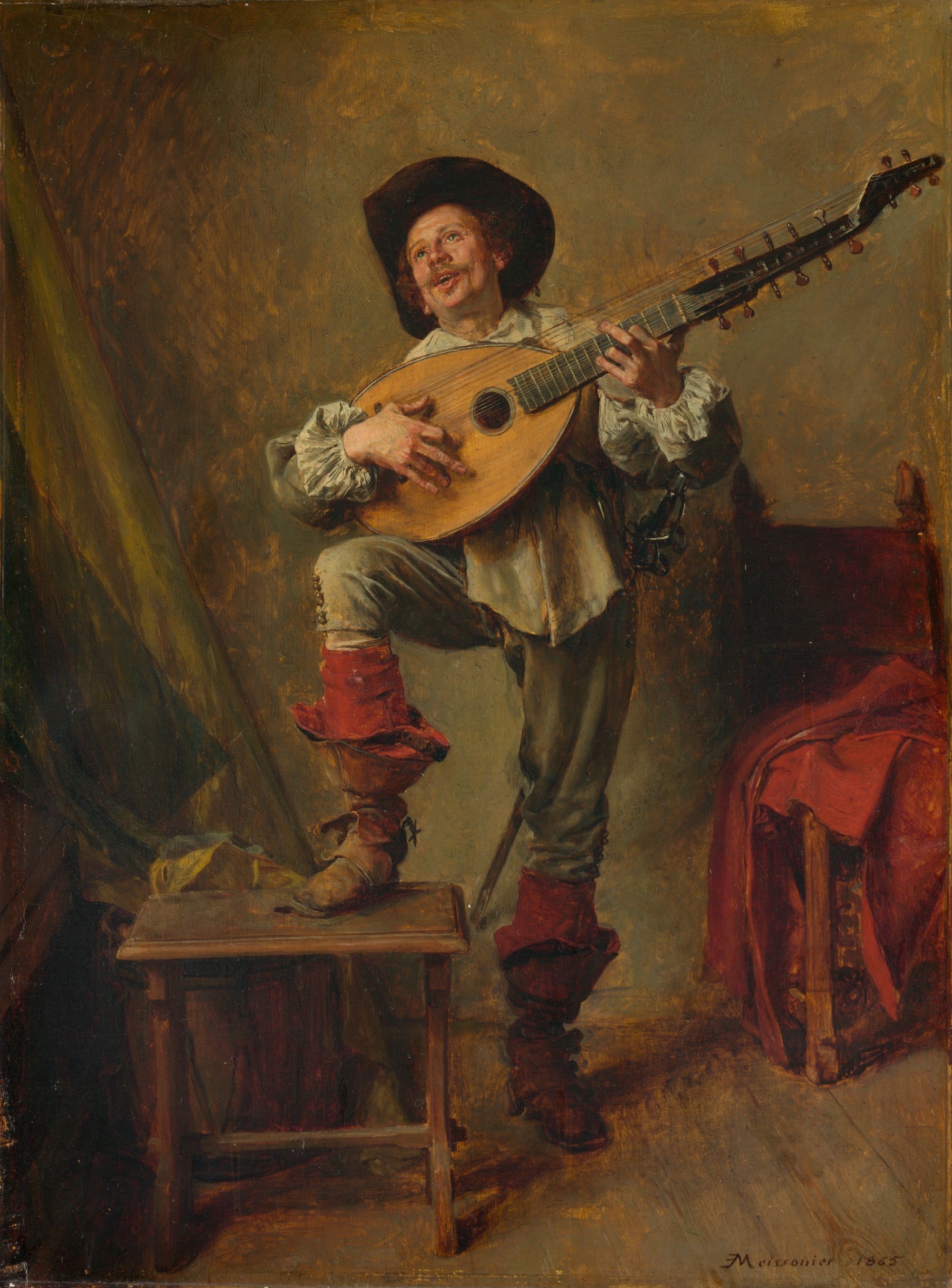 Soldat jouant du théorbe - Ernest Meissonier image 1 copie peinte à la main à l’huile