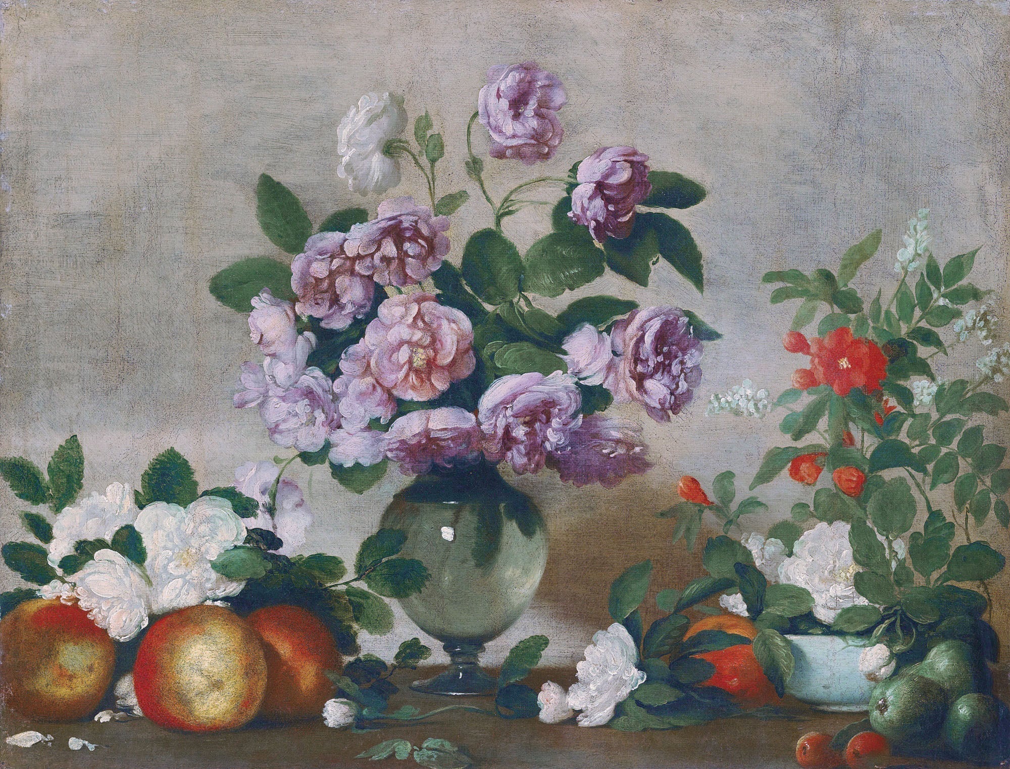 Still Life with Peonies and Fruit - Bernardo Strozzi