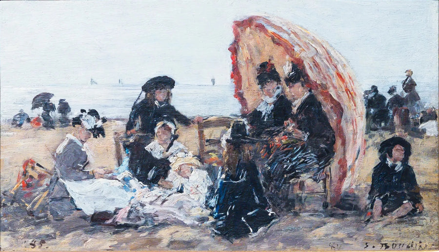 Sur la plage de Trouville, à l'abri du parasol rouge - Eugène Boudin