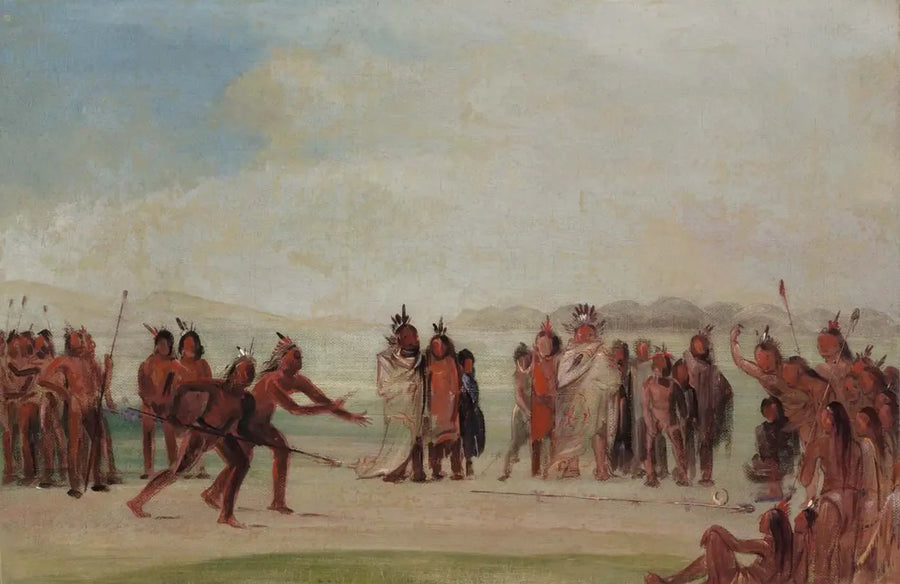 Tchung-kee, un jeu mandan joué avec un anneau et une perche - George Catlin