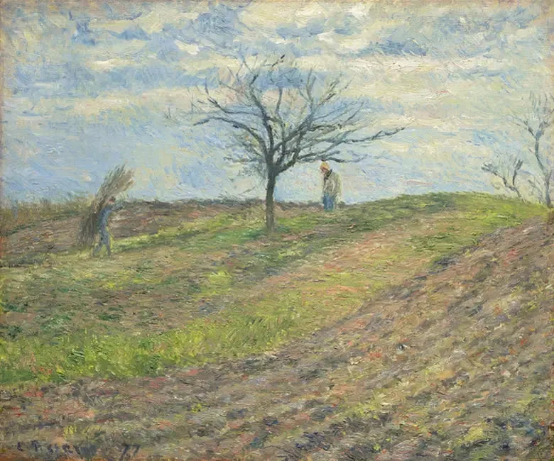 Terre labourée en hiver, avec un homme portant un pédé - Camille Pissarro