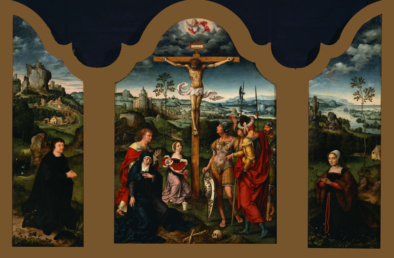 Triptyque : La Crucifixion flanquée du donateur agenouillé et de son épouse - Joos van Cleve