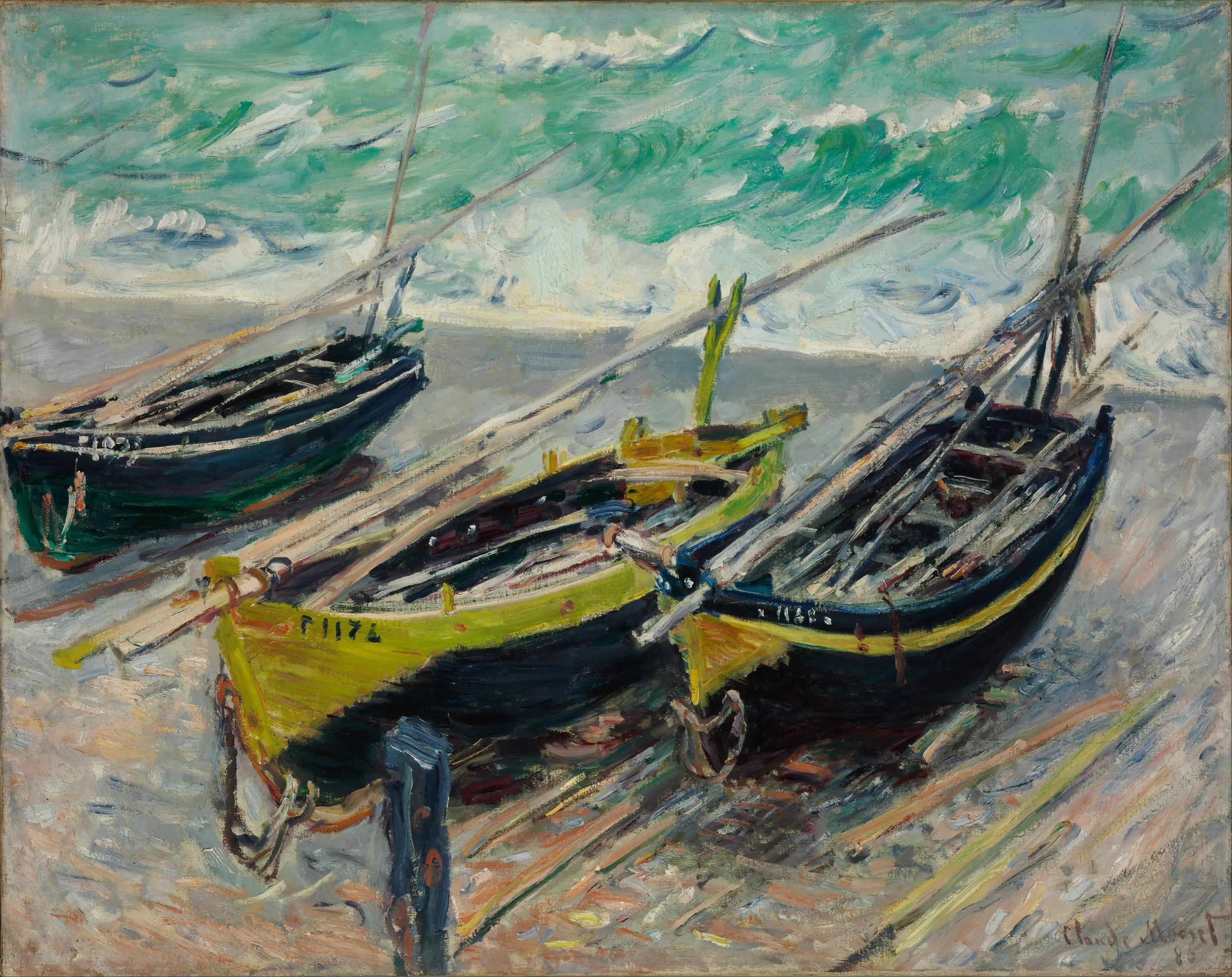 Reproduction du tableau « Trois Bateaux de pêche - Claude Monet » par Alpha Reproduction en peinture à l’huile