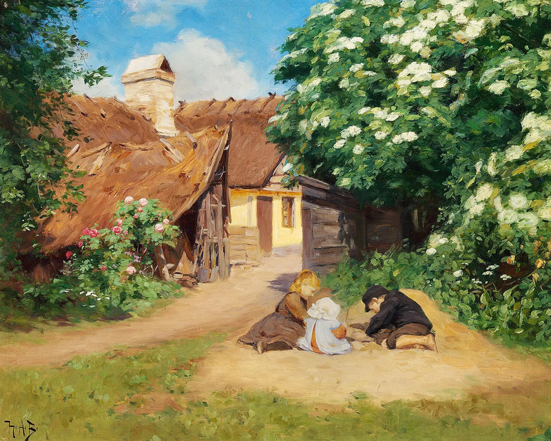 Trois enfants jouant près d'une ferme un jour d'été. - H. A. Brendekilde