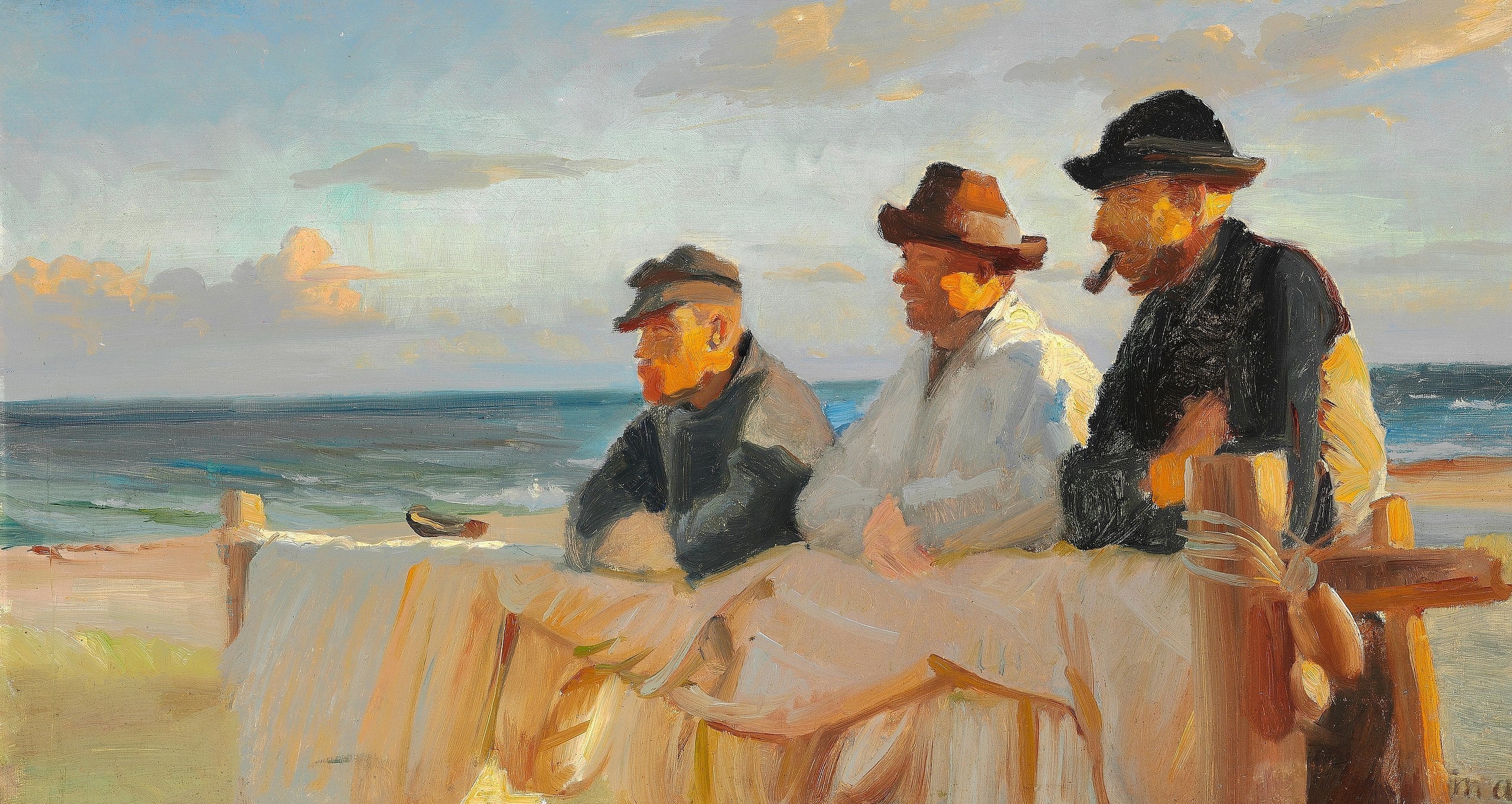 Trois pêcheurs sur la plage de Skagen, sous le soleil couchant. - Michael Peter Ancher image 1 tableau peint à l’huile sur toile