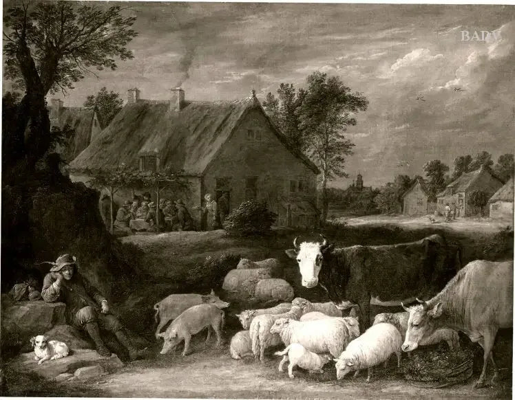 Troupeau dans un village - David Teniers le Jeune
